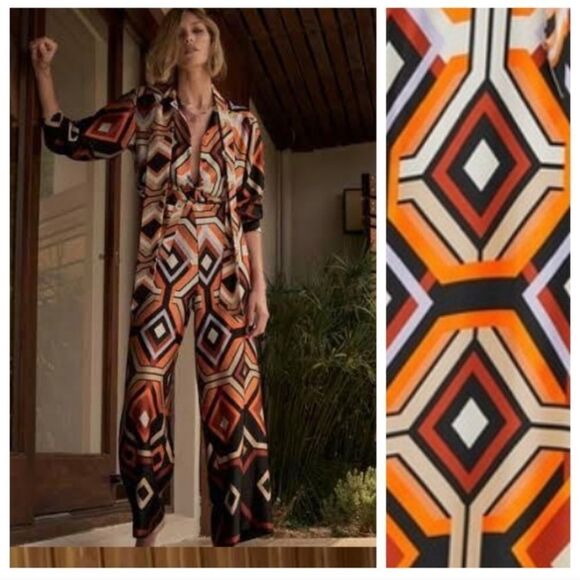 Zara Geometric Print Belted Neck Tie Jumpsuit Black Orange Size S NWT